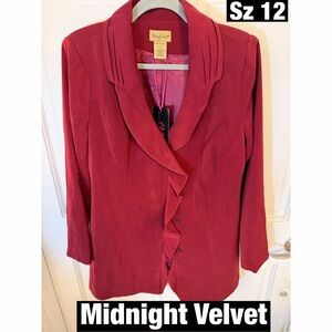 Midnight Velvet Women's Maroon Ruffled Front Blazer